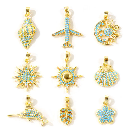 Picture of 2 PCs Eco-friendly Brass Charm Pendant Wholesale 18K Real Gold Plated Micro Pave Blue Cubic Zirconia