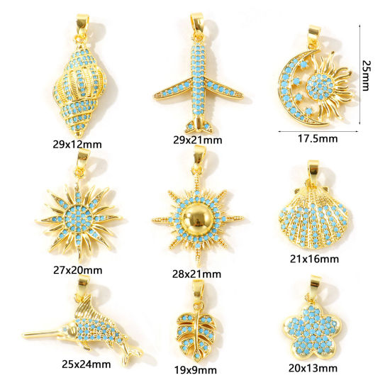 Picture of 2 PCs Eco-friendly Brass Charm Pendant Wholesale 18K Real Gold Plated Micro Pave Blue Cubic Zirconia