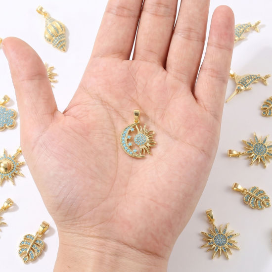 Picture of 2 PCs Eco-friendly Brass Charm Pendant Wholesale 18K Real Gold Plated Micro Pave Blue Cubic Zirconia