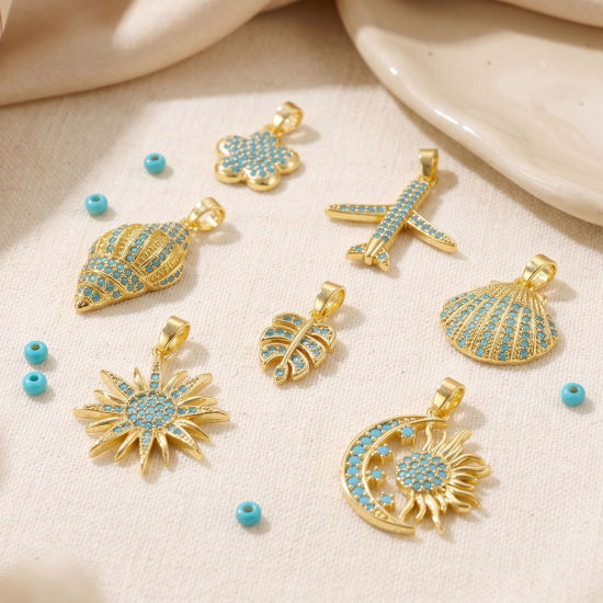 Picture of 2 PCs Eco-friendly Brass Charm Pendant Wholesale 18K Real Gold Plated Micro Pave Blue Cubic Zirconia