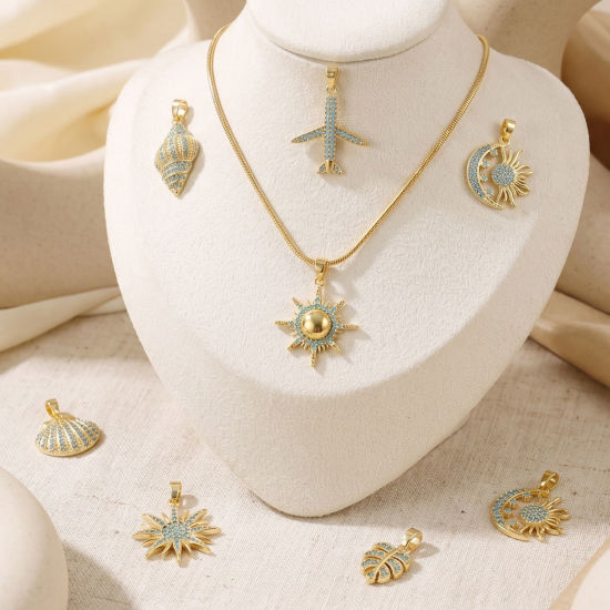Picture of 2 PCs Eco-friendly Brass Charm Pendant Wholesale 18K Real Gold Plated Micro Pave Blue Cubic Zirconia