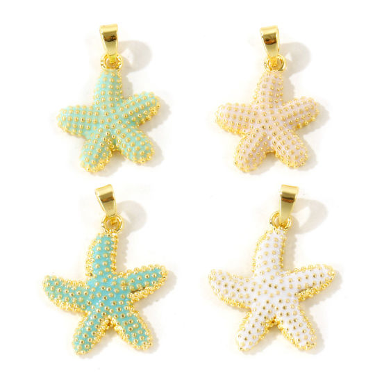 Picture of 2 PCs Eco-friendly Brass Ocean Jewelry Charm Pendant Wholesale 18K Real Gold Plated Starfish Enamel