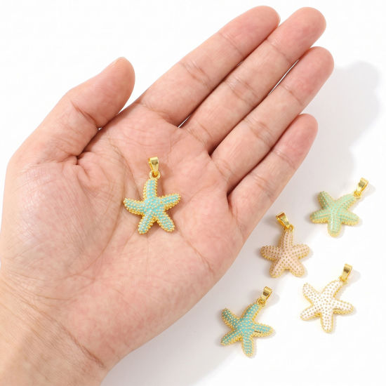 Picture of 2 PCs Eco-friendly Brass Ocean Jewelry Charm Pendant Wholesale 18K Real Gold Plated Starfish Enamel