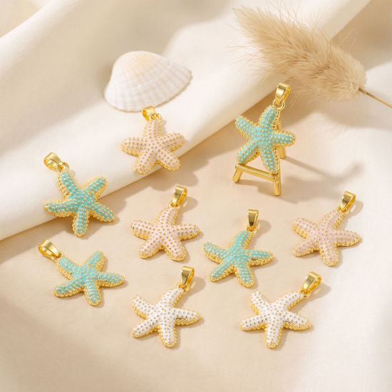 Picture of 2 PCs Eco-friendly Brass Ocean Jewelry Charm Pendant Wholesale 18K Real Gold Plated Starfish Enamel