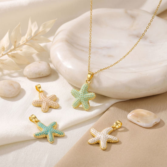 Picture of 2 PCs Eco-friendly Brass Ocean Jewelry Charm Pendant Wholesale 18K Real Gold Plated Starfish Enamel