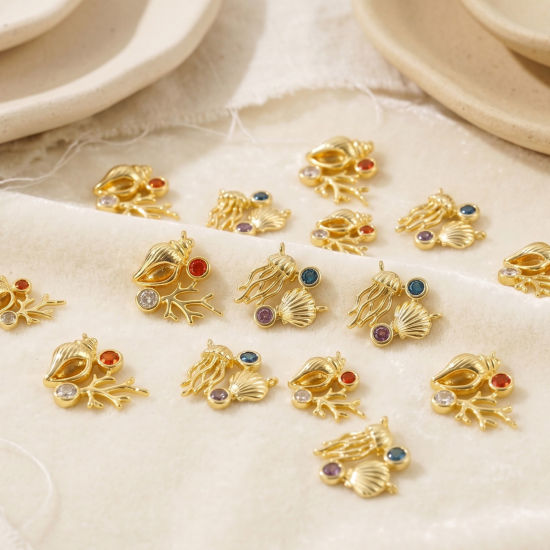 Picture of 2 PCs Eco-friendly Brass Ocean Jewelry Connectors Charms Pendants Wholesale 18K Real Gold Plated Shell Coralline