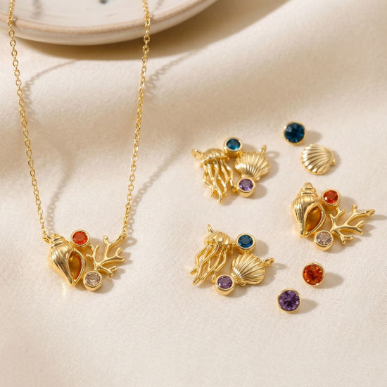 Picture of 2 PCs Eco-friendly Brass Ocean Jewelry Connectors Charms Pendants Wholesale 18K Real Gold Plated Shell Coralline