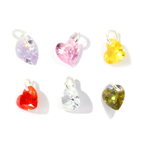 Picture of 5 PCs Brass Valentine's Day Charms Wholesale Silver Plated Heart Mini Multicolour Cubic Zirconia 8mm x 6mm