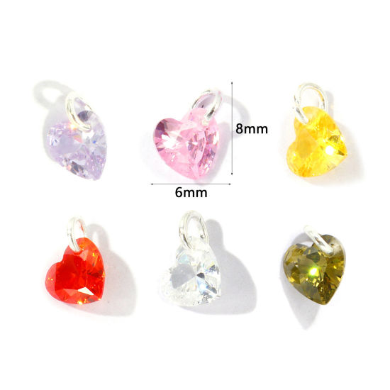 Picture of 5 PCs Brass Valentine's Day Charms Wholesale Silver Plated Heart Mini Multicolour Cubic Zirconia 8mm x 6mm
