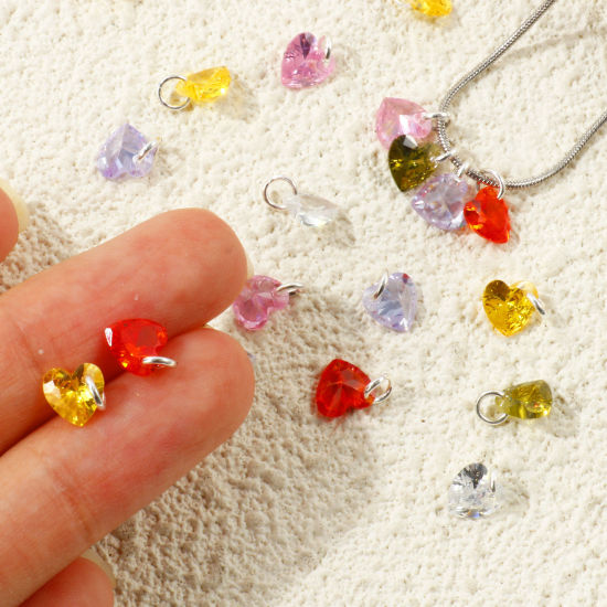 Picture of 5 PCs Brass Valentine's Day Charms Wholesale Silver Plated Heart Mini Multicolour Cubic Zirconia 8mm x 6mm