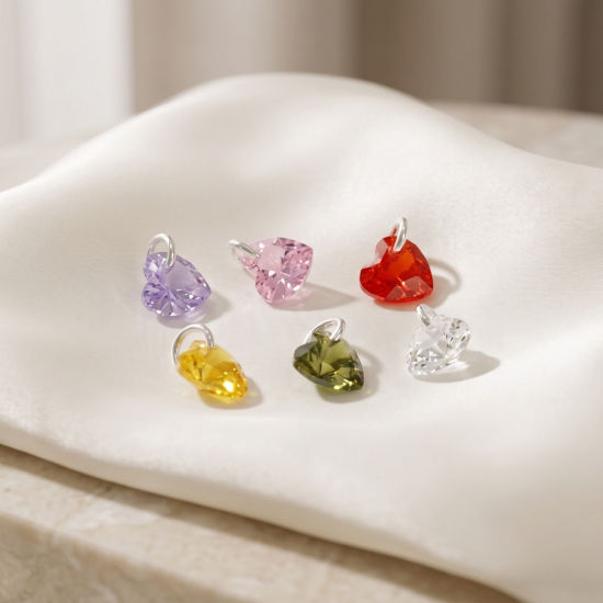 Picture of 5 PCs Brass Valentine's Day Charms Wholesale Silver Plated Heart Mini Multicolour Cubic Zirconia 8mm x 6mm
