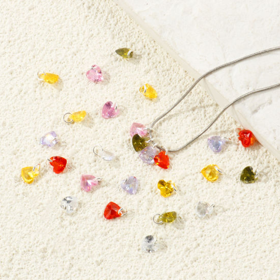 Picture of 5 PCs Brass Valentine's Day Charms Wholesale Silver Plated Heart Mini Multicolour Cubic Zirconia 8mm x 6mm