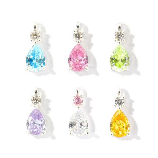 Picture of 2 PCs Brass Charms Wholesale Silver Plated Drop Mini Multicolour Cubic Zirconia 13mm x 5mm