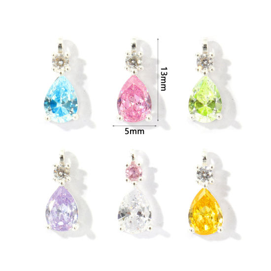 Picture of 2 PCs Brass Charms Wholesale Silver Plated Drop Mini Multicolour Cubic Zirconia 13mm x 5mm