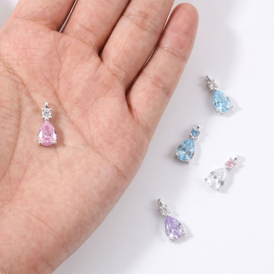 Picture of 2 PCs Brass Charms Wholesale Silver Plated Drop Mini Multicolour Cubic Zirconia 13mm x 5mm