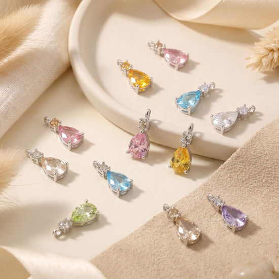 Picture of 2 PCs Brass Charms Wholesale Silver Plated Drop Mini Multicolour Cubic Zirconia 13mm x 5mm