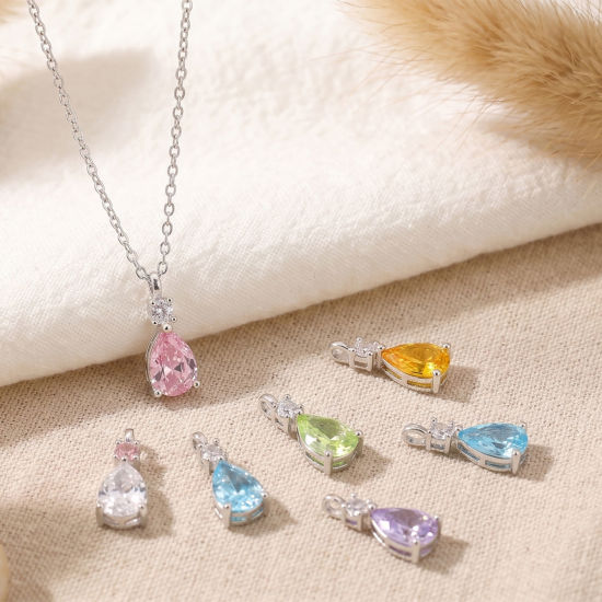 Picture of 2 PCs Brass Charms Wholesale Silver Plated Drop Mini Multicolour Cubic Zirconia 13mm x 5mm