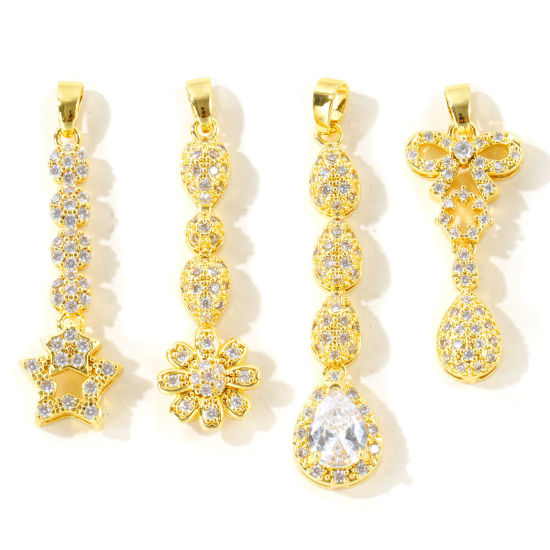 Picture of 2 PCs Eco-friendly Brass Micro Pave Pendants Wholesale 18K Real Gold Plated Tassel Clear Cubic Zirconia