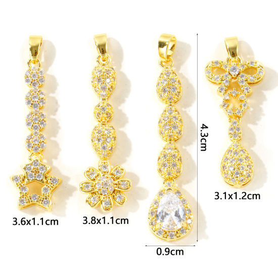 Picture of 2 PCs Eco-friendly Brass Micro Pave Pendants Wholesale 18K Real Gold Plated Tassel Clear Cubic Zirconia