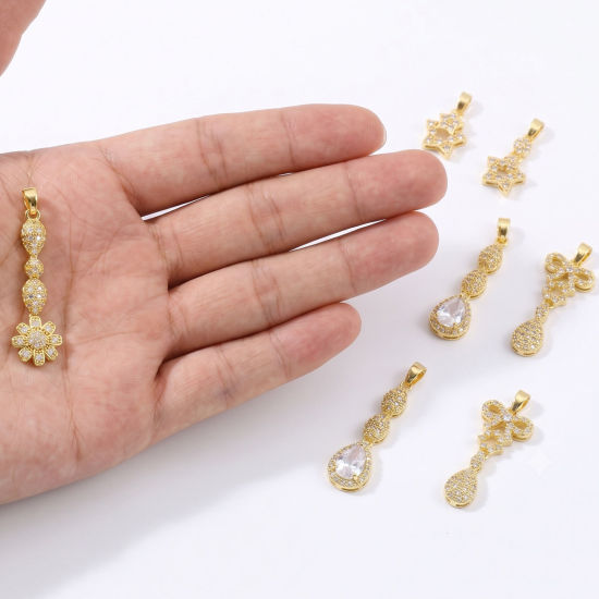 Picture of 2 PCs Eco-friendly Brass Micro Pave Pendants Wholesale 18K Real Gold Plated Tassel Clear Cubic Zirconia