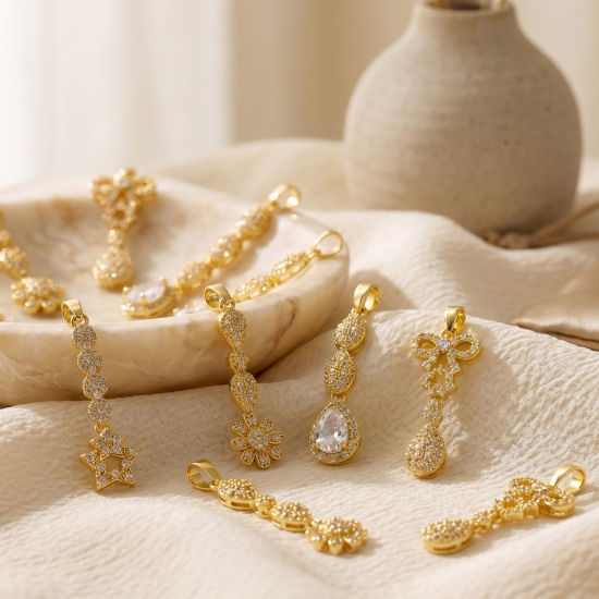 Picture of 2 PCs Eco-friendly Brass Micro Pave Pendants Wholesale 18K Real Gold Plated Tassel Clear Cubic Zirconia