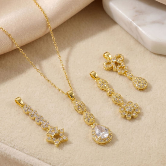 Picture of 2 PCs Eco-friendly Brass Micro Pave Pendants Wholesale 18K Real Gold Plated Tassel Clear Cubic Zirconia