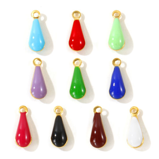 Picture of 10 PCs Eco-friendly Brass Enamelled Sequins Charms Wholesale 18K Real Gold Plated Multicolor Double-sided Enamel Drop Mini 11mm x 4mm