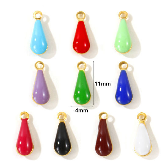 Picture of 10 PCs Eco-friendly Brass Enamelled Sequins Charms Wholesale 18K Real Gold Plated Multicolor Double-sided Enamel Drop Mini 11mm x 4mm