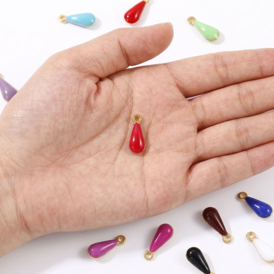 Picture of 10 PCs Eco-friendly Brass Enamelled Sequins Charms Wholesale 18K Real Gold Plated Multicolor Double-sided Enamel Drop Mini 11mm x 4mm
