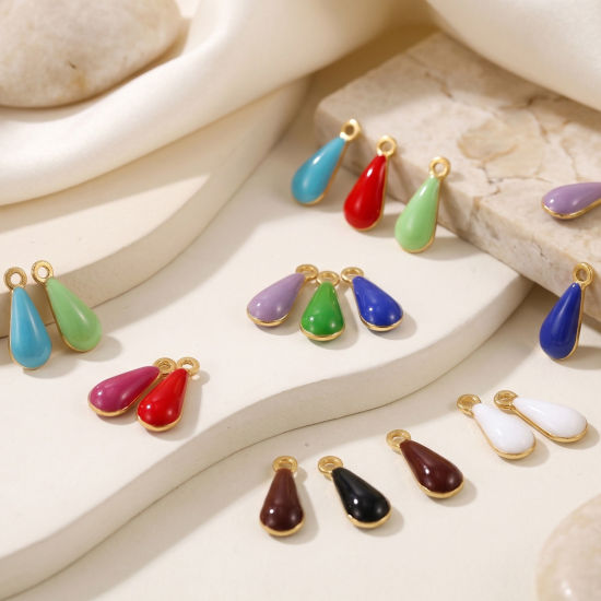 Picture of 10 PCs Eco-friendly Brass Enamelled Sequins Charms Wholesale 18K Real Gold Plated Multicolor Double-sided Enamel Drop Mini 11mm x 4mm