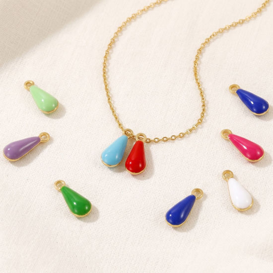 Picture of 10 PCs Eco-friendly Brass Enamelled Sequins Charms Wholesale 18K Real Gold Plated Multicolor Double-sided Enamel Drop Mini 11mm x 4mm
