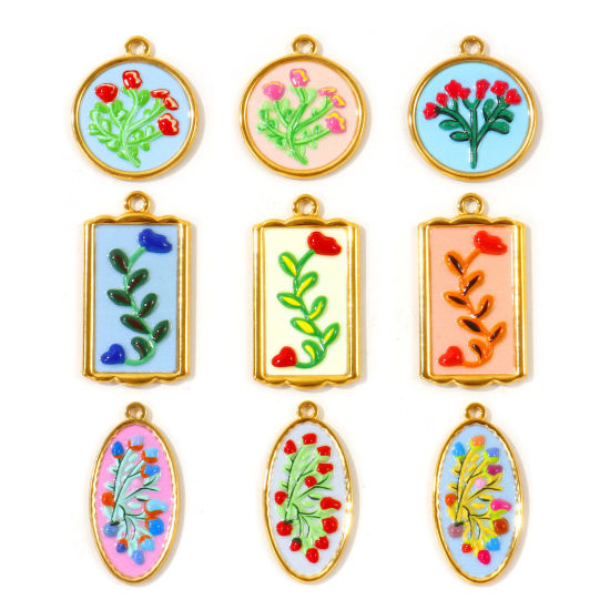Picture of 2 PCs Eco-friendly PVD Waterproof Anti-Tarnish Hypoallergenic 304 Stainless Steel Charms Wholesale 18K Real Gold Plated Enamel Flower