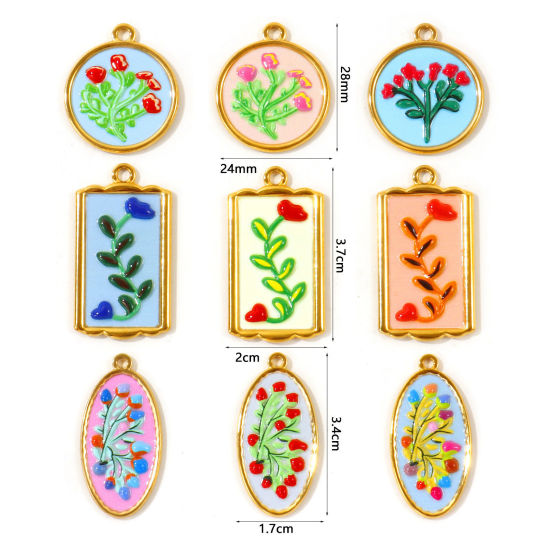 Picture of 2 PCs Eco-friendly PVD Waterproof Anti-Tarnish Hypoallergenic 304 Stainless Steel Charms Wholesale 18K Real Gold Plated Enamel Flower