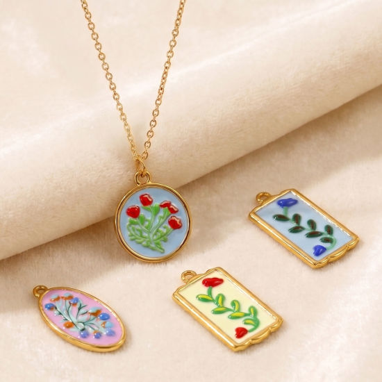 Picture of 2 PCs Eco-friendly PVD Waterproof Anti-Tarnish Hypoallergenic 304 Stainless Steel Charms Wholesale 18K Real Gold Plated Enamel Flower