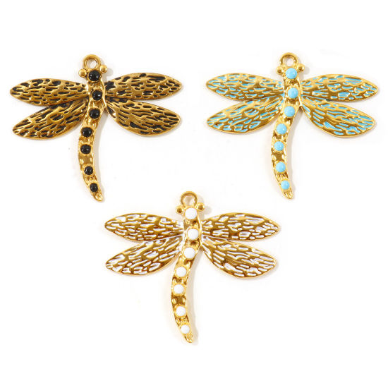 Picture of 1 Piece Eco-friendly PVD Waterproof Anti-Tarnish Hypoallergenic 304 Stainless Steel Insect Pendants Wholesale 18K Real Gold Plated Enamel Dragonfly Animal 7.2cm x 6.2cm