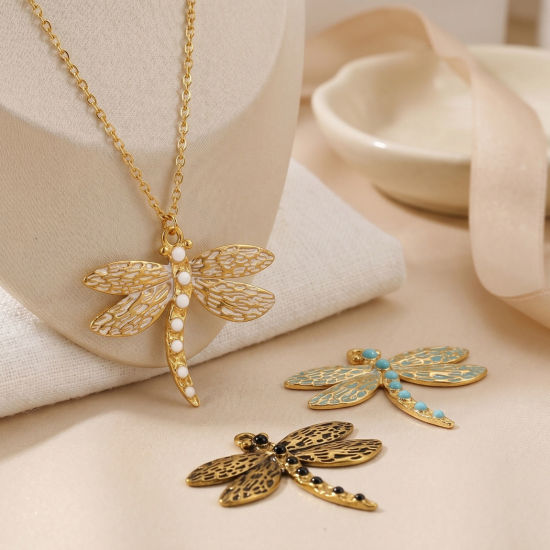 Picture of 1 Piece Eco-friendly PVD Waterproof Anti-Tarnish Hypoallergenic 304 Stainless Steel Insect Pendants Wholesale 18K Real Gold Plated Enamel Dragonfly Animal 7.2cm x 6.2cm