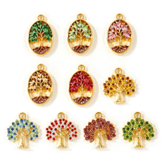 Picture of 2 PCs Eco-friendly PVD Waterproof Anti-Tarnish Hypoallergenic 304 Stainless Steel & Rhinestone Charms Wholesale 18K Real Gold Plated Tree Of Life Painted