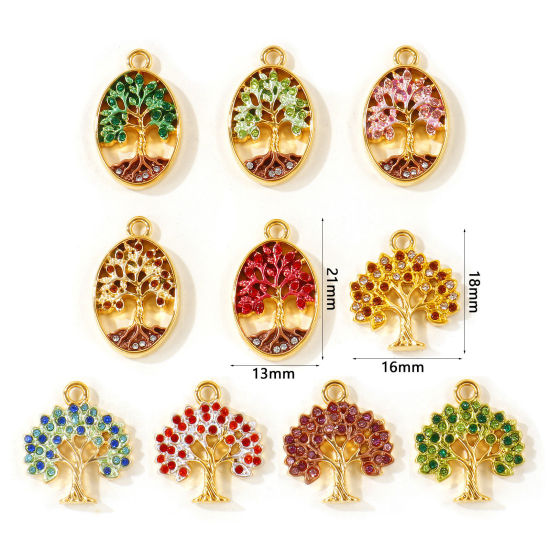 Picture of 2 PCs Eco-friendly PVD Waterproof Anti-Tarnish Hypoallergenic 304 Stainless Steel & Rhinestone Charms Wholesale 18K Real Gold Plated Tree Of Life Painted