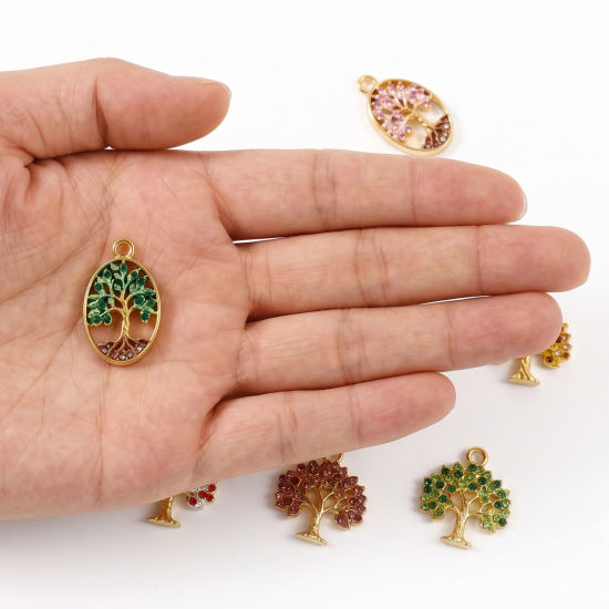 Picture of 2 PCs Eco-friendly PVD Waterproof Anti-Tarnish Hypoallergenic 304 Stainless Steel & Rhinestone Charms Wholesale 18K Real Gold Plated Tree Of Life Painted