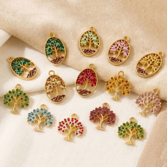 Picture of 2 PCs Eco-friendly PVD Waterproof Anti-Tarnish Hypoallergenic 304 Stainless Steel & Rhinestone Charms Wholesale 18K Real Gold Plated Tree Of Life Painted