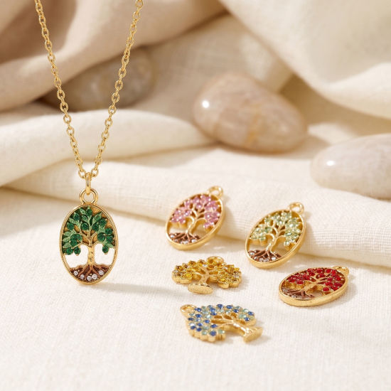 Picture of 2 PCs Eco-friendly PVD Waterproof Anti-Tarnish Hypoallergenic 304 Stainless Steel & Rhinestone Charms Wholesale 18K Real Gold Plated Tree Of Life Painted