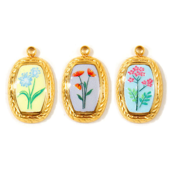 Picture of 2 PCs Eco-friendly PVD Waterproof Anti-Tarnish Hypoallergenic 304 Stainless Steel Charms Wholesale 18K Real Gold Plated Enamel Oval Flower Printed 18mm x 11mm