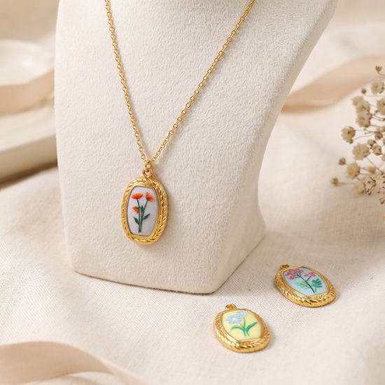 Picture of 2 PCs Eco-friendly PVD Waterproof Anti-Tarnish Hypoallergenic 304 Stainless Steel Charms Wholesale 18K Real Gold Plated Enamel Oval Flower Printed 18mm x 11mm