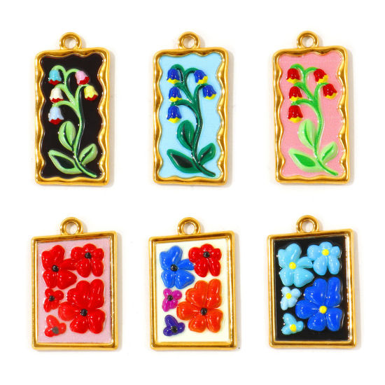 Picture of 2 PCs Eco-friendly PVD Waterproof Anti-Tarnish Hypoallergenic 304 Stainless Steel Charms Wholesale 18K Real Gold Plated Enamel Rectangle Flower