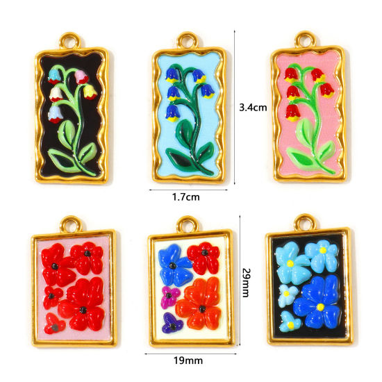 Picture of 2 PCs Eco-friendly PVD Waterproof Anti-Tarnish Hypoallergenic 304 Stainless Steel Charms Wholesale 18K Real Gold Plated Enamel Rectangle Flower