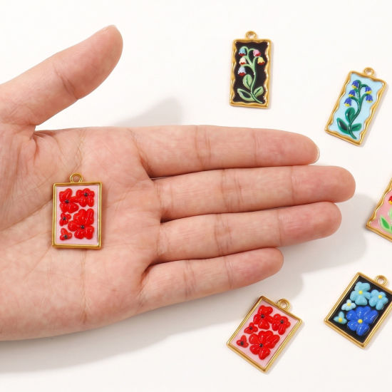 Picture of 2 PCs Eco-friendly PVD Waterproof Anti-Tarnish Hypoallergenic 304 Stainless Steel Charms Wholesale 18K Real Gold Plated Enamel Rectangle Flower