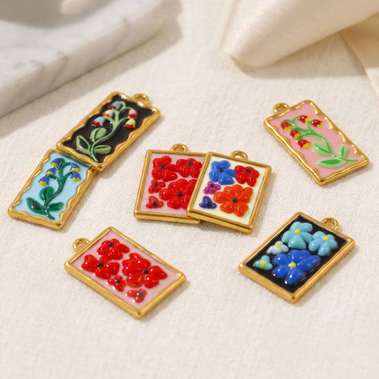 Picture of 2 PCs Eco-friendly PVD Waterproof Anti-Tarnish Hypoallergenic 304 Stainless Steel Charms Wholesale 18K Real Gold Plated Enamel Rectangle Flower