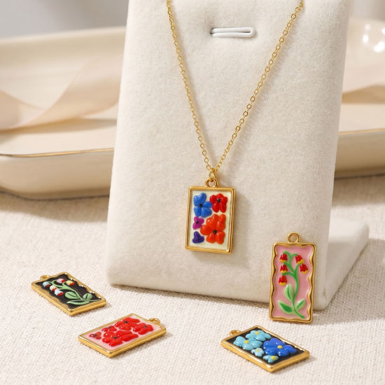 Picture of 2 PCs Eco-friendly PVD Waterproof Anti-Tarnish Hypoallergenic 304 Stainless Steel Charms Wholesale 18K Real Gold Plated Enamel Rectangle Flower