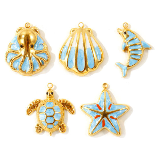 Picture of 2 PCs Eco-friendly PVD Waterproof Anti-Tarnish Hypoallergenic 304 Stainless Steel Ocean Jewelry Charms Wholesale 18K Real Gold Plated Blue Enamel