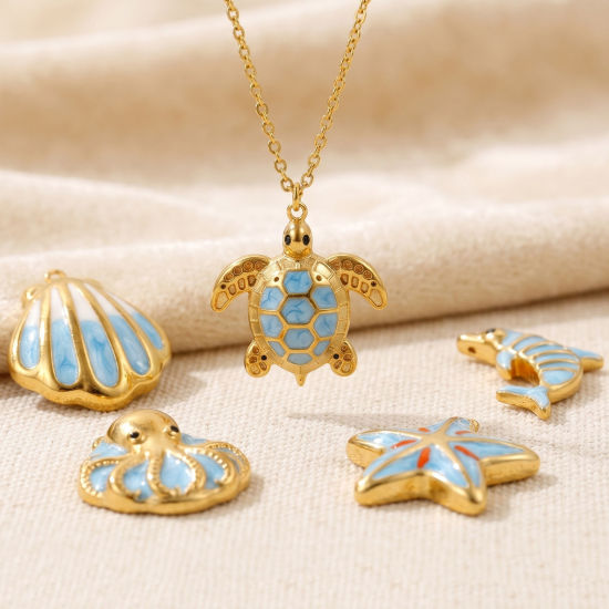 Picture of 2 PCs Eco-friendly PVD Waterproof Anti-Tarnish Hypoallergenic 304 Stainless Steel Ocean Jewelry Charms Wholesale 18K Real Gold Plated Blue Enamel